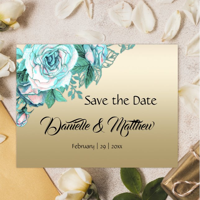 Teal Roses on Gold Wedding Save the Date Announcement Postcard (Creator Uploaded)
