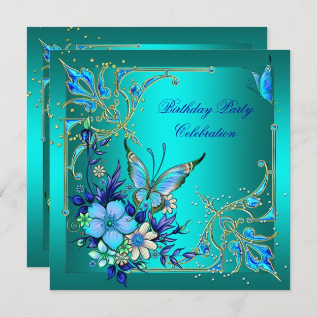 Teal Royal Blue Butterfly Birthday Party Invitation (Front/Back)