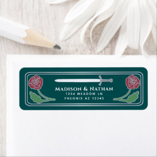 Teal Royal Mediaeval Fantasy Silver Sword Wedding Return Address Label