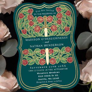 Teal Royal Mediaeval Floral Sword Wedding Invitation