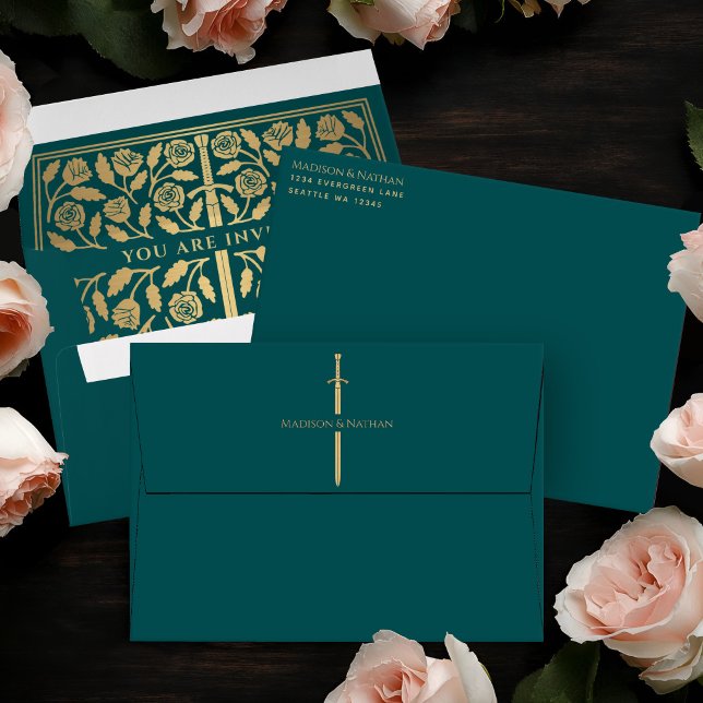 Teal Royal Mediaeval Gold Sword Wedding Envelope (Creator Uploaded)