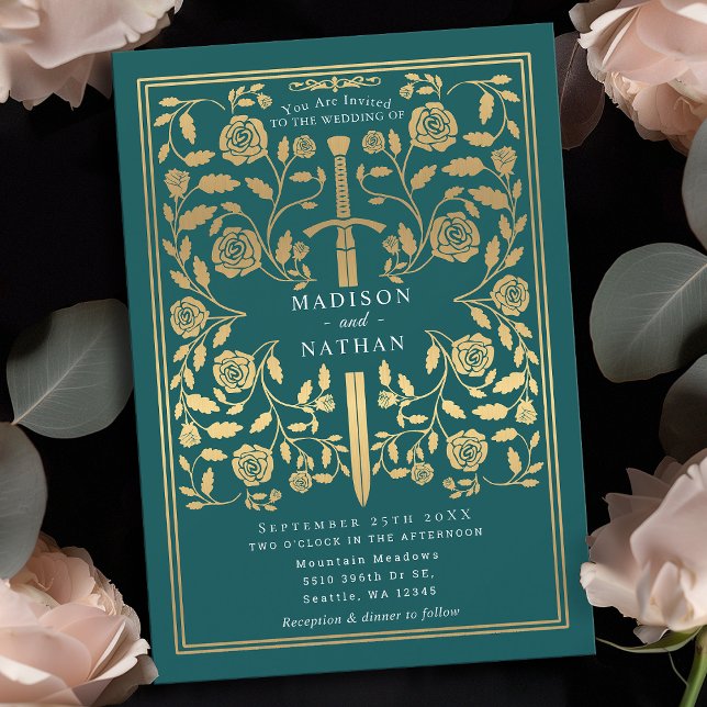 Teal Royal Mediaeval Gold Sword Wedding Invitation (Creator Uploaded)