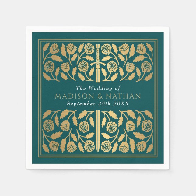 Teal Royal Mediaeval Gold Sword Wedding Napkin (Front)