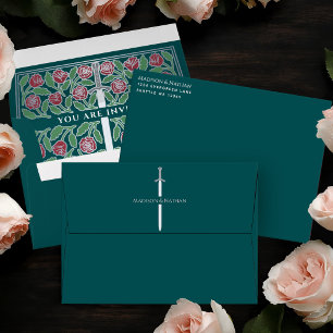 Teal Royal Mediaeval Silver Floral Sword Wedding Envelope
