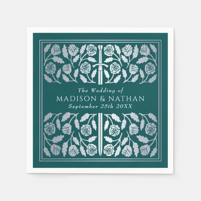 Teal Royal Mediaeval Silver Sword Wedding Napkin (Front)