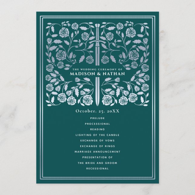 Teal Royal Mediaeval Silver Sword Wedding Program (Front)
