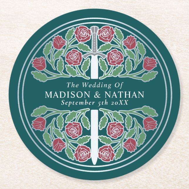 Teal Royal Mediaeval Silver Sword Wedding Round Paper Coaster (Front)