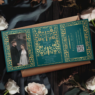 Teal Royal Mediaeval Sword Wedding QR Code Tri-Fold Invitation