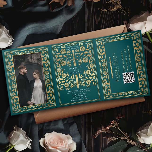Teal Royal Mediaeval Sword Wedding QR Code Tri-Fold Invitation (Creator Uploaded)