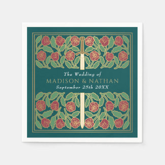 Teal Royal Medieval Gold Floral Sword Wedding Napkin