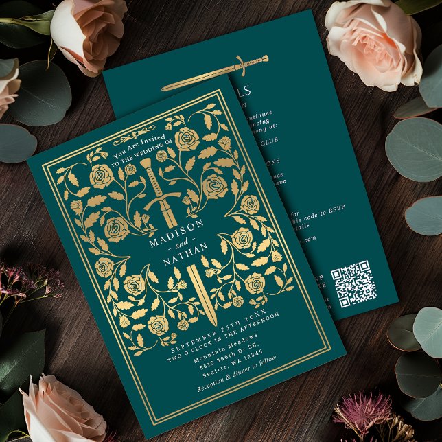 Teal Royal Medieval Gold Sword Wedding QR Code Invitation (Creator Uploaded)