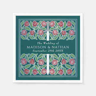 Teal Royal Medieval Silver Floral Sword Wedding Napkin
