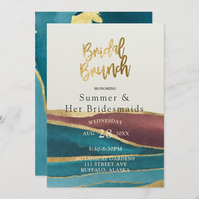 Teal Rust Cream Agate Gold Bridesmaids Luncheon Invitation (Front/Back)