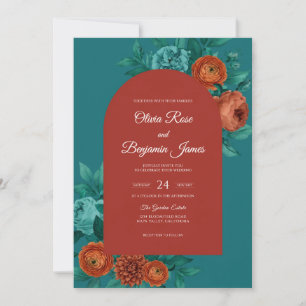 Teal Rust Ranunculus Eucalyptus Wedding Invitation