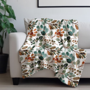 Teal Rust Sage Green Brown Leaves Autumn Fleece Blanket