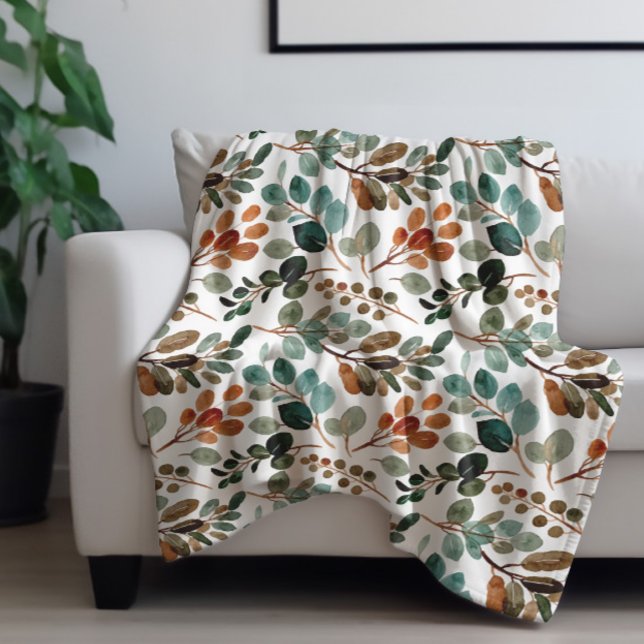 Teal Rust Sage Green Brown Leaves Autumn Fleece Blanket (Teal, rust, and sage green leaves fleece blanket)