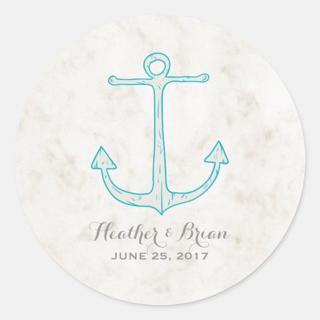 Teal Rustic Anchor Wedding Classic Round Sticker (Front)