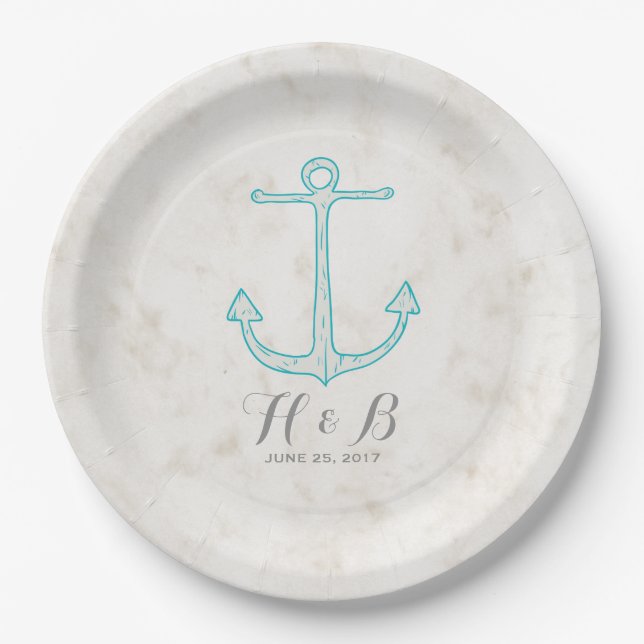Teal Rustic Anchor Wedding Paper Plate (Front)