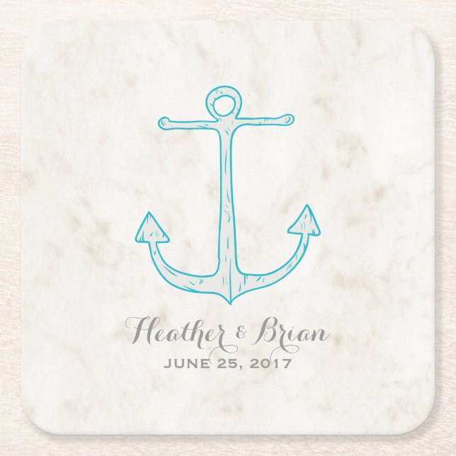 Teal Rustic Anchor Wedding Square Paper Coaster (Front)