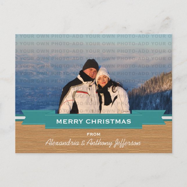 Teal Rustic Banner Holiday Photo Postcard (Front)
