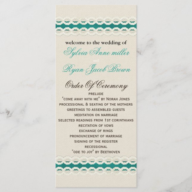 Teal Rustic burlap and lace country wedding Program (Front)