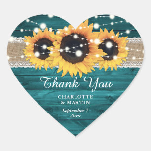 Teal Rustic Burlap Lace Sunflower Wedding Heart Sticker