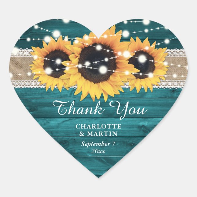 Teal Rustic Burlap Lace Sunflower Wedding Heart Sticker (Front)
