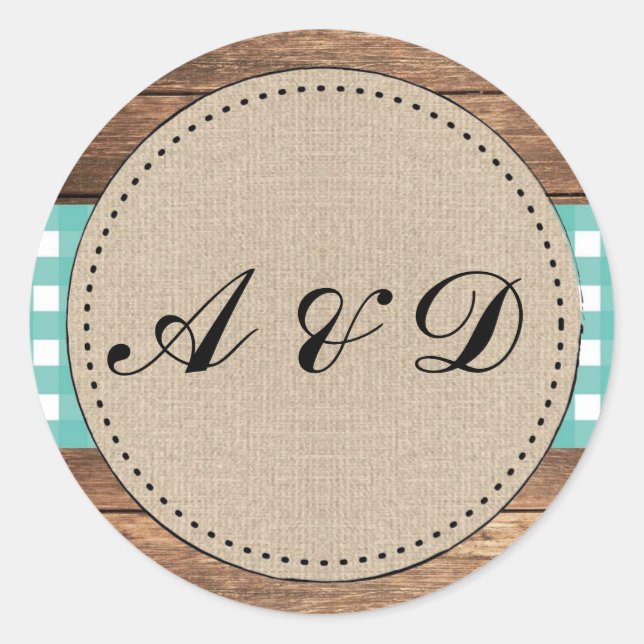 Teal Rustic Burlap Wood Wedding Stickers Labels (Front)
