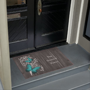 Teal Rustic Butterfly Personalised Doormat