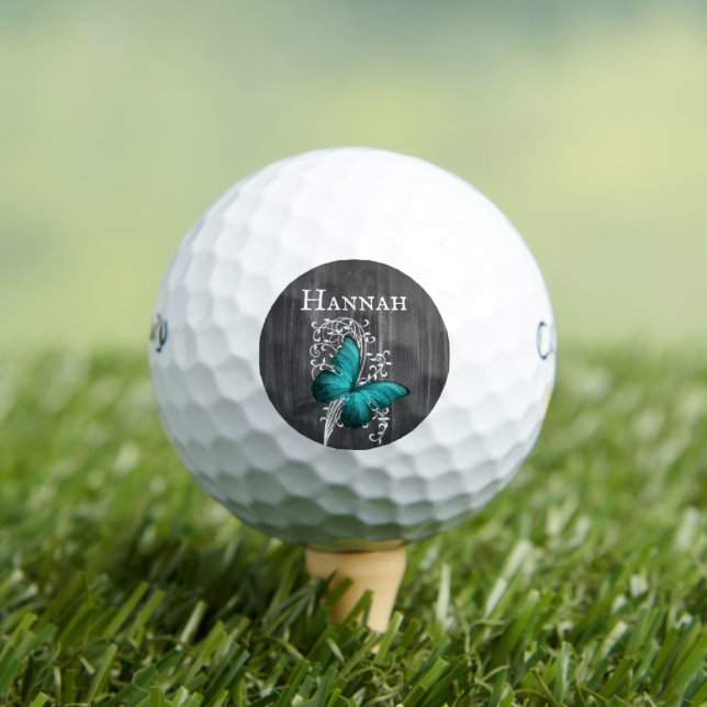 Teal Rustic Butterfly Personalised Golf Balls (Insitu Tee)