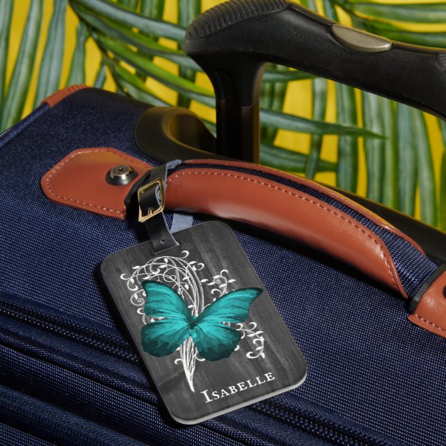 Teal Rustic Butterfly Personalised Luggage Tag (Front Insitu 1)