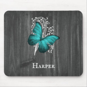 Teal Rustic Butterfly Personalised Mouse Pad