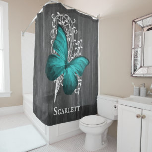 Teal Rustic Butterfly Personalised Shower Curtain