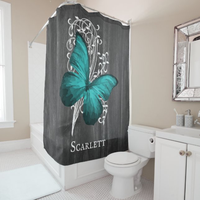 Teal Rustic Butterfly Personalised Shower Curtain (In Situ)
