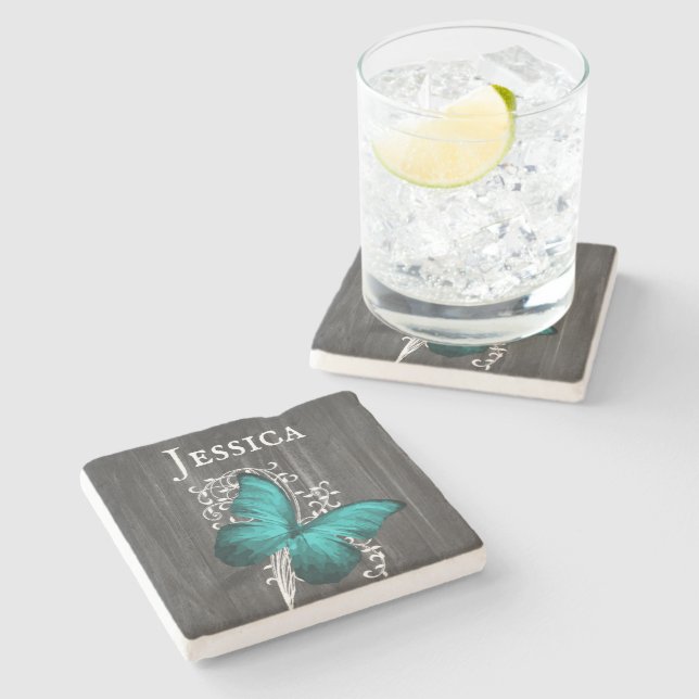 Teal Rustic Butterfly Personalised Stone Coaster (Side)