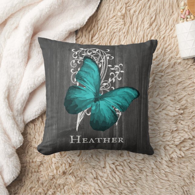 Teal Rustic Butterfly Personalised Throw Pillow (Blanket)