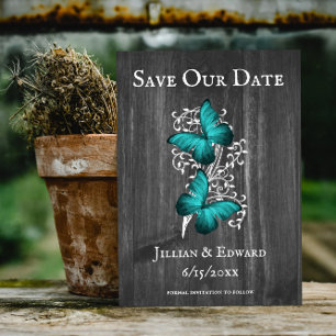 Teal Rustic Butterfly Save The Date Announcement