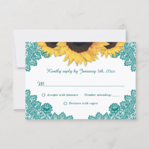 Teal Rustic Chic Lace Sunflower Wedding RSVP Card
