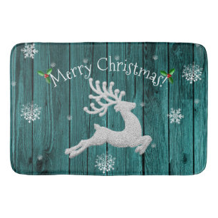Teal Rustic Christmas Reindeer Bath Mat