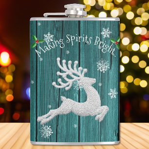 Teal Rustic Christmas Reindeer Flask