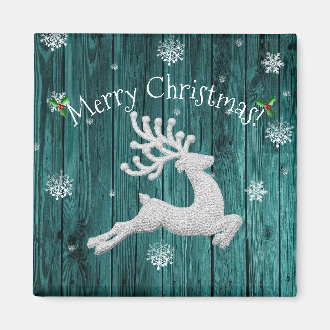 Teal Rustic Christmas Reindeer Magnet (Front)