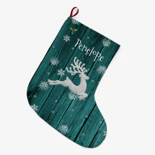 Teal Rustic Christmas Reindeer Stocking