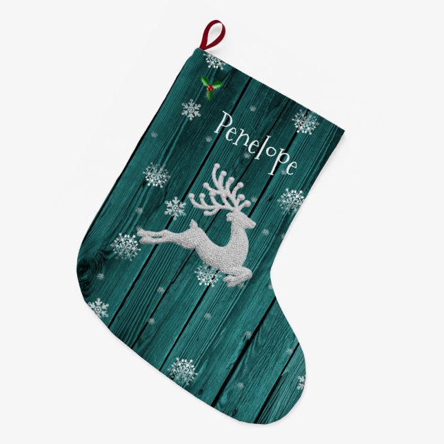 Teal Rustic Christmas Reindeer Stocking (Front (Hanging))