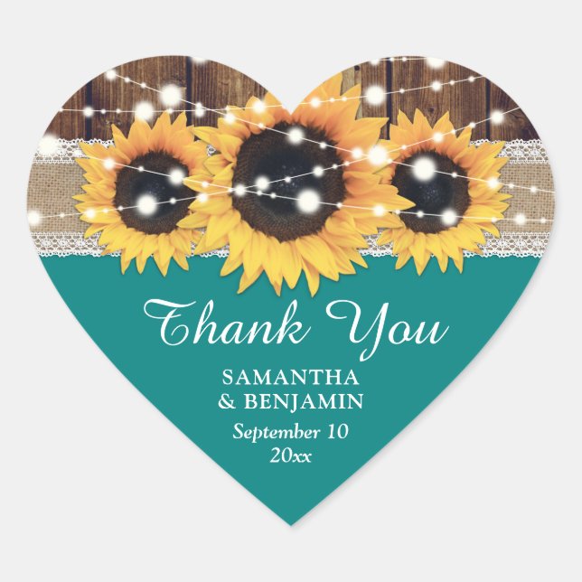 Teal Rustic Country Sunflower Wedding Favour Heart Sticker (Front)