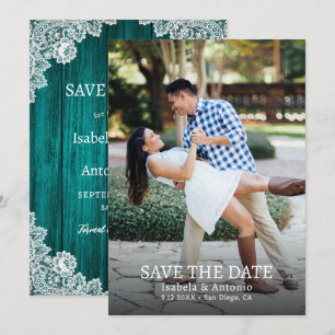 Teal Rustic Country Wood Floral Lace Wedding Photo Save The Date