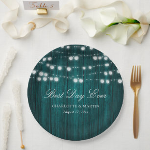 Teal Rustic Country Wood String Lights Wedding Paper Plate