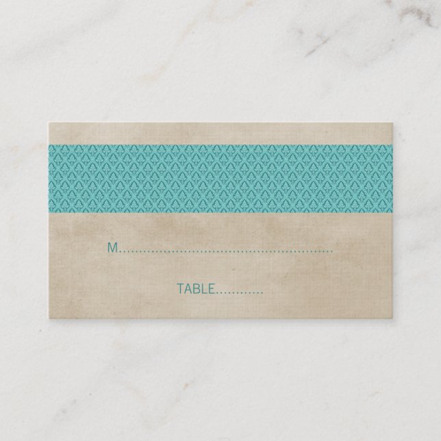 Teal Rustic Damask Wedding Place Card (Front)