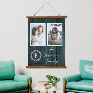 Teal Rustic Family Monogram Photo Hanging Tapestry