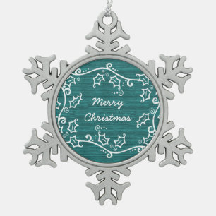 Teal Rustic Holly Snowflake Ornament