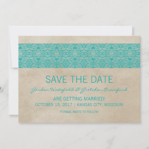 Teal Rustic Lace Save the Date Invite
